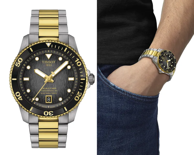 TISSOT海星系列 40mm自動款腕錶PVD金雙色，2萬5800元。品牌提供