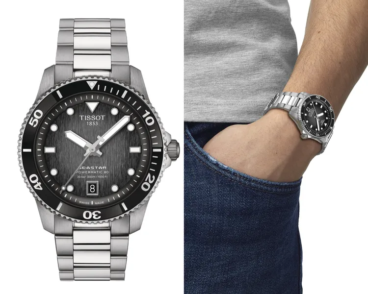 TISSOT海星系列 40mm自動款腕錶黑色，2萬3600元。品牌提供