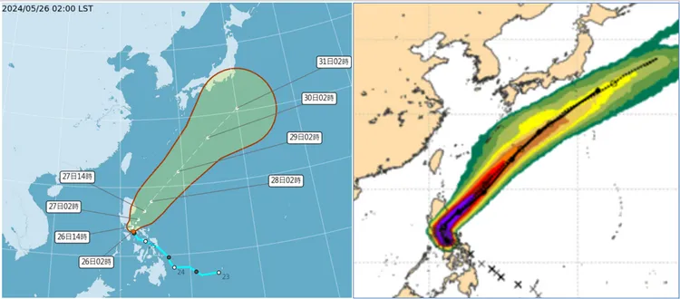 最新(26日2時)中央氣象署「路徑潛勢預測圖」(左圖)顯示，今年首颱「艾維尼」改為明(27)日2時才形成。其未來行徑與最新(25日20時)歐洲(ECMWF)系集模式模擬(右圖)類似，逐漸接近呂宋島，再向東北大迴轉遠離。氣象應用推廣基金會