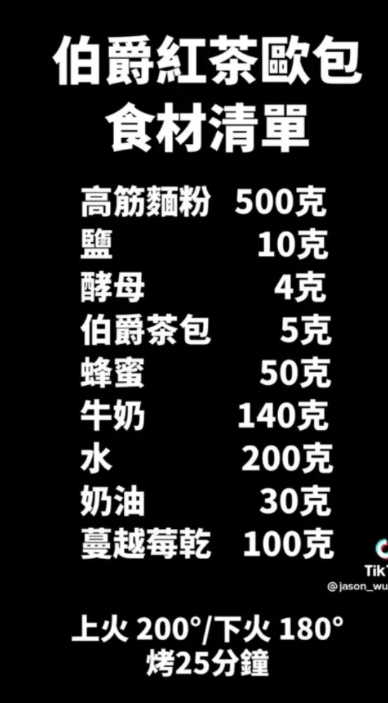 製作「伯爵紅茶歐包」食材準備清單。TikTok@jason_wu6666 提供