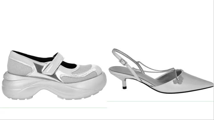 圓頭厚底瑪莉珍鞋（左）2790元、花瓣細鍊裸跟鞋（右）2390元 。品牌提供