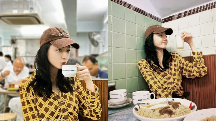 畫上淡妝的迪麗熱巴穿著黃色格紋襯衫洋裝超有少女氣息。翻攝迪麗熱巴微博