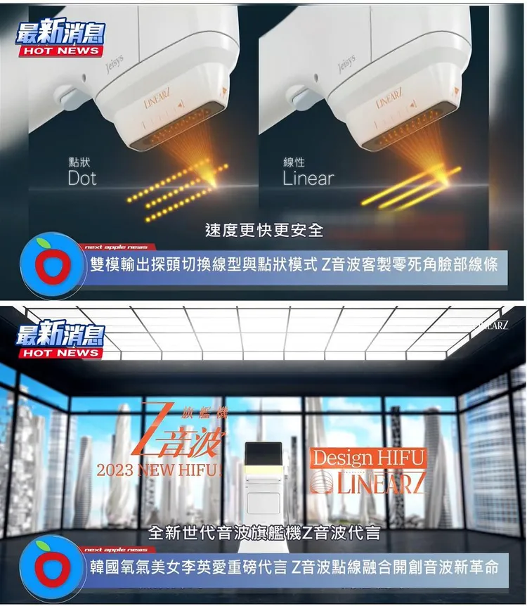 Z音波的探頭可以切換點狀或線性模式，而且配合多種不同類型功能與深度的探頭，能夠依照部位不同即時切換、精準治療，速度更快更安全。