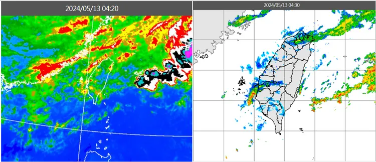 今(13日)晨4：20紅外線色調強化雲圖顯示，各地雲層增多(左圖)；4：30雷達回波合成圖顯示，雲層伴隨局部降水回波(右圖)。氣象應用推廣基金會