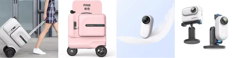 帶小孩旅遊必備的電動騎行行李箱及拇指相機。業者提供