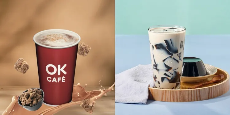 大杯咖啡不限冰熱相同品項買2送1（左），原價75元的「鮮芋仙招牌嫩仙草奶凍」65元（右）。OK mart提供