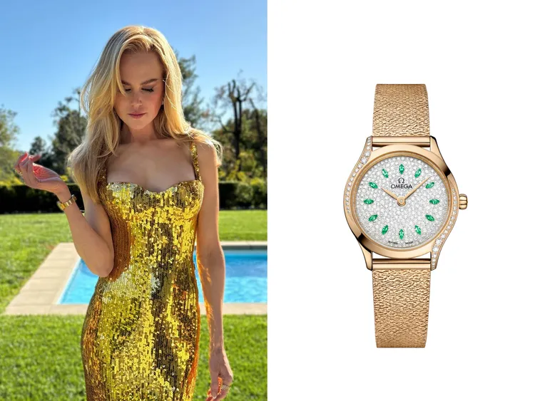 妮可基嫚戴上OMEGA為她特別訂製的碟飛系列Mini Trésor金色腕錶。左圖翻攝妮可基嫚IG、右圖品牌提供