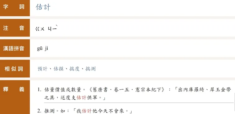 教育部辭典明顯點出估計一詞從舊唐書就有。翻攝自教育部