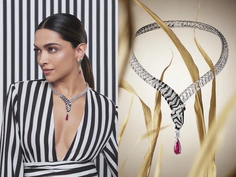 Koaga項鍊透過寶石與鏤空呈現斑馬黑白毛皮（白K金、紅碧璽、縞瑪瑙、鑽石）。品牌提供