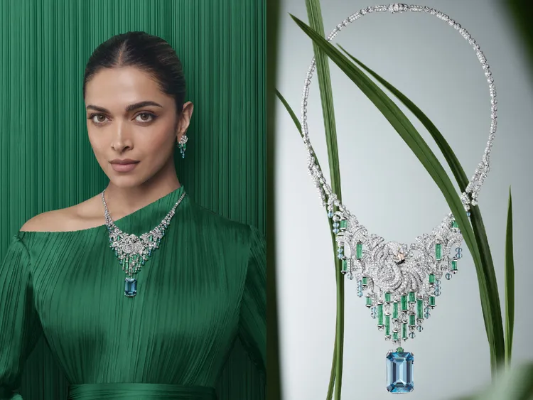 Celestun項鍊（鉑金、海水藍寶、祖母旅、黑色真漆和玫瑰金鳥喙、黃色鑽石眼睛、鑽石）。品牌提供