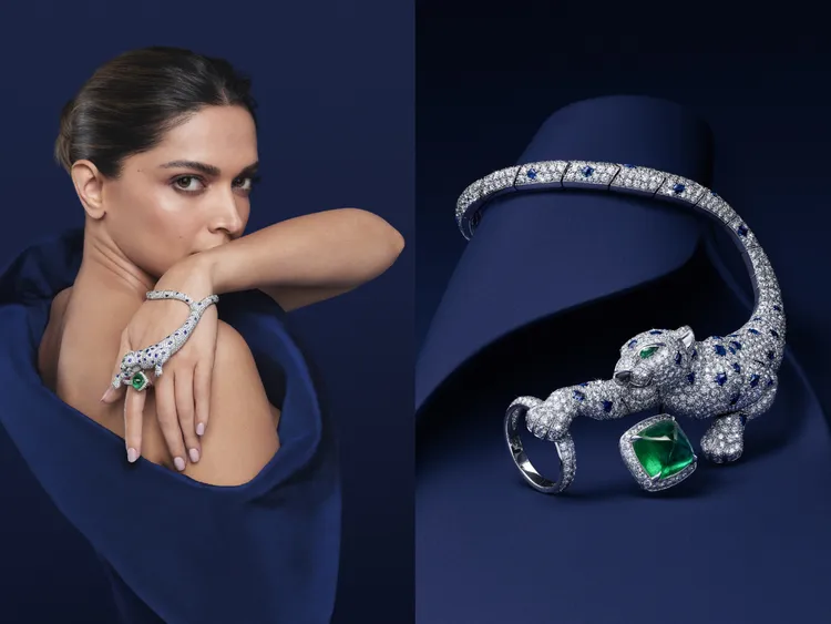 Panthère Jaillissante美洲豹手環、戒指（白K金、祖母綠、藍寶石豹紋、縞瑪瑙豹鼻、祖母綠豹眼、鑽石）。品牌提供
