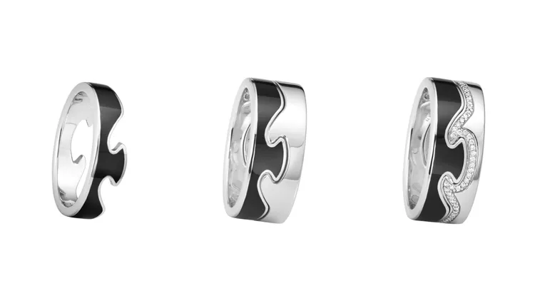 FUSION HYCERAM陶瓷系列珠寶，18K 白金、HYCERAM黑色陶瓷、鑽石，（左起）4萬1000元起、8萬2000元起、12萬3100元起。品牌提供