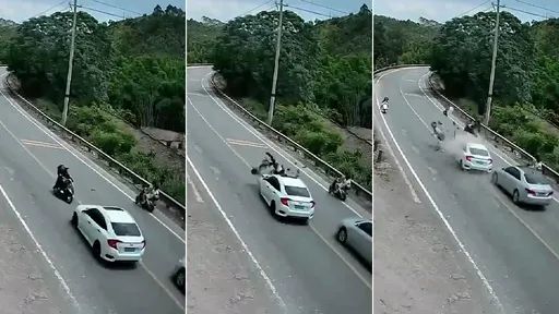 驚悚影片|轎車「彎道越線超車」對衝雙載機車 兩女被撞飛重傷