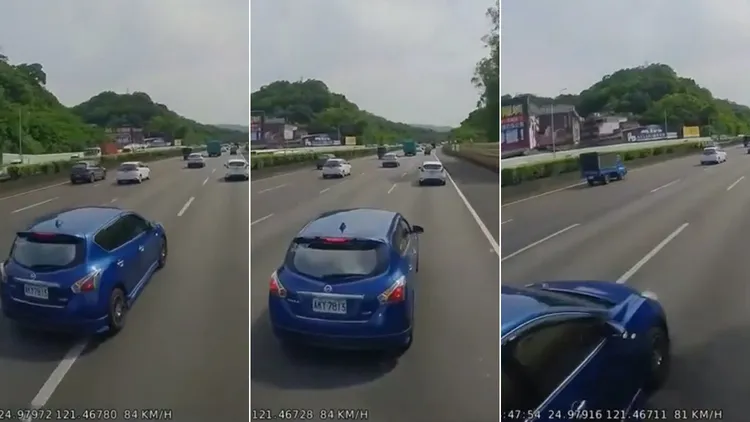 藍色轎車第二次超車。翻攝自《記者爆料網》