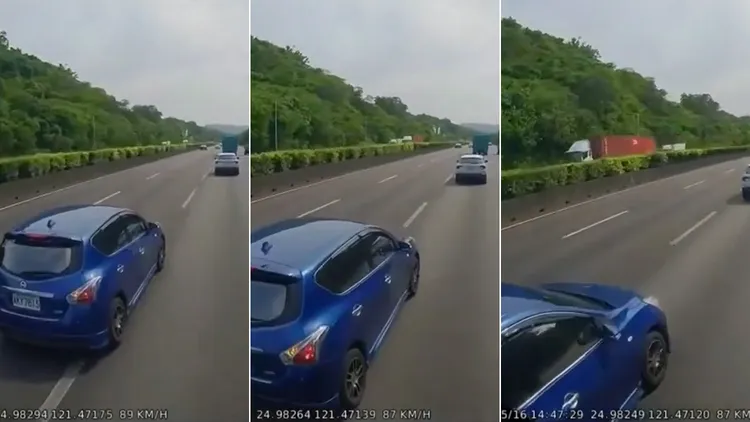 藍色轎車第一次超車。翻攝自《記者爆料網》