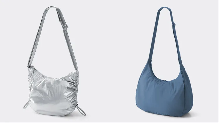 女裝尼龍側邊抽繩包（左）590元、柔軟尼龍弧形肩包490元。品牌提供