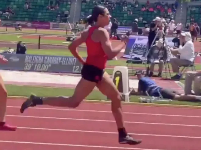 紅箭頭指向艾登加拉格爾，以跨性別女性參加高中女子組徑賽惹爭議。翻攝　TMZ