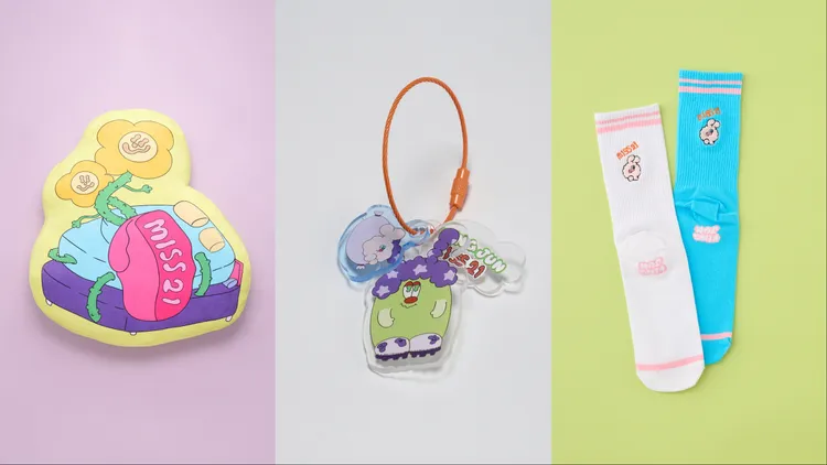 MISS 21 X KINGJUN豌豆公主的軟綿眠大抱枕（左起）980元、傲嬌嬌豌豆公主與蠢兔鑰匙圈390元、瘋狂呆萌蠢兔造型中筒襪（2入）590元。品牌提供