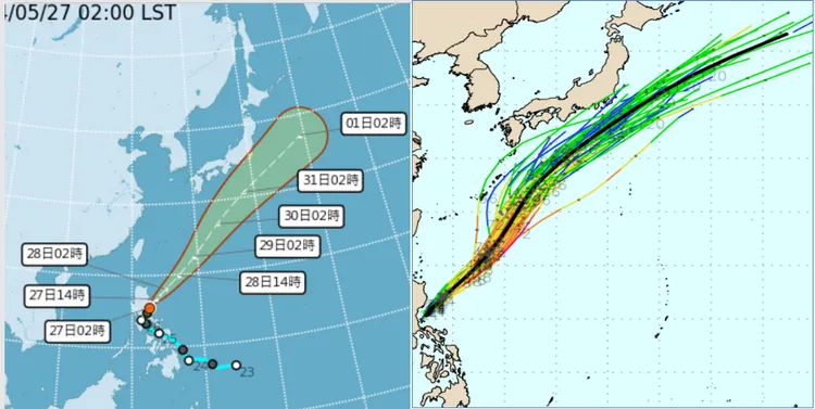 最新(27日2時)中央氣象署「路徑潛勢預測圖」(左圖)顯示，「艾維尼」逐漸增強中。預測行徑與最新(26日20時)歐洲(ECMWF)系集模式模擬(右圖)類似，在呂宋島東方海面，向東北逐漸加速遠離。氣象應用推廣基金會