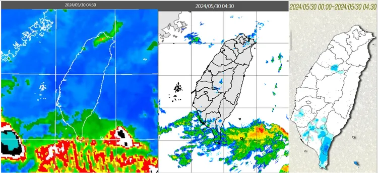 今(30日)晨4：30紅外線雲圖(左圖)顯示，台灣海峽南部、巴士海峽有較多雲層，伴隨降水回波移入(中圖)，南台灣(南部、東南部)有局部降雨(右圖)。氣象應用推廣基金會