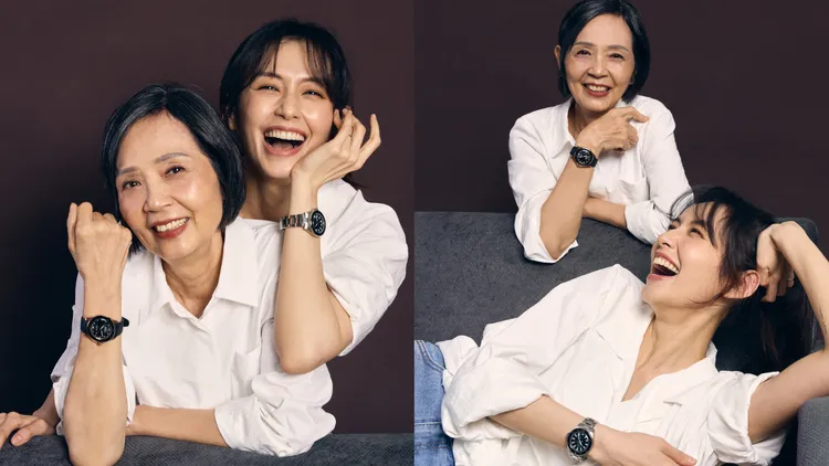 袁艾菲（右）與媽媽一同為MIDO拍攝母親節形象。品牌提供