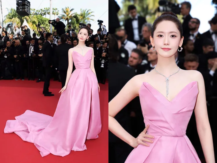 潤娥Monique Lhuillier粉色禮服搭配東方品牌Qeelin的珠寶作品。品牌提供