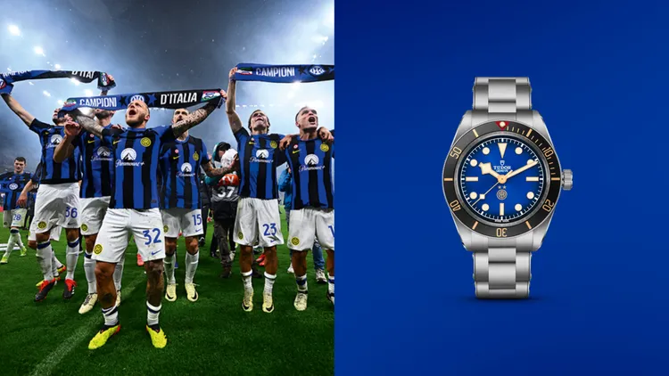 TUDOR Black Bay 58 INTER限量腕錶，39mm，磨光及磨砂鋼錶殼，漸變藍色錶面，鉚釘磨光及磨砂鋼錶帶/飾有「國際米蘭藍」直紋的黑色織紋錶帶，帝舵表原廠機芯MT5402型，動力儲存70小時，防水深度200米，全球限量1908只。品牌提供