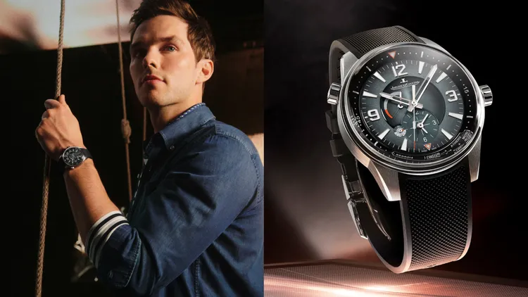 積家Polaris Geographic地理學家腕錶，42mm，精鋼錶殼，漸變海洋灰色漆面表面，黑色橡膠錶帶/灰藍色帆布錶帶，積家939型自動上鏈機械機芯，動力儲存70小時，防水深度100米。品牌提供