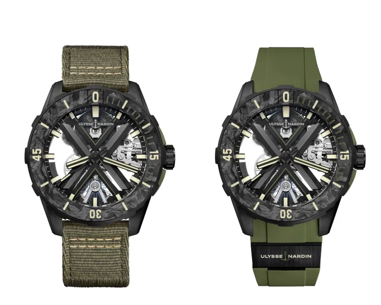 雅典錶DIVER X鏤空腕錶OPS款，44mm，噴砂與緞面拋光黑色DLC鍍層鈦金屬錶殼，卡其綠色織物錶帶/卡其綠色橡膠錶帶，自製UN-372鏤空自動上鍊機芯，防水深度200米。品牌提供