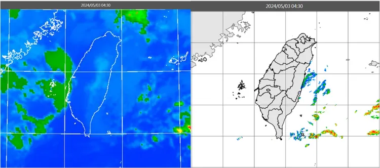 今（3）日清晨4時30分紅外線色調強化雲圖顯示，台灣上空雲層鬆散（左）；時雷達回波合成圖顯示，東半部有零星降水回波（右）。氣象應用推廣基金會