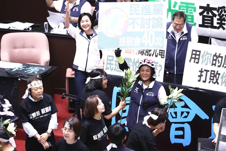 藍委陳玉珍跳針狂喊「民進黨不討論提散會40次」。彭欣偉攝