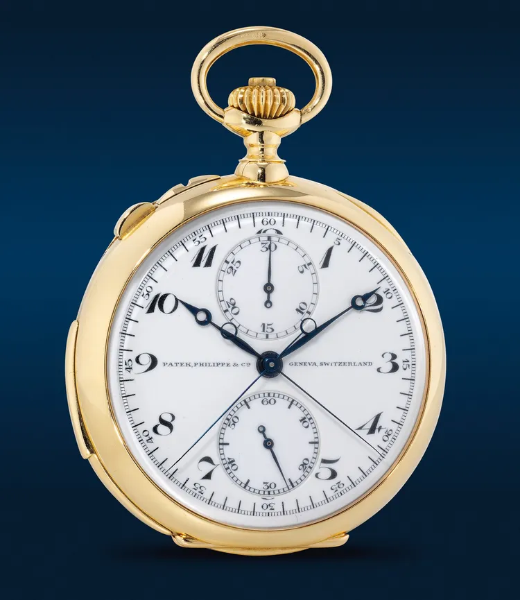 百達翡麗型號767黃金三問萬年曆追針懷錶，估價約1322萬至2645萬元台幣。富藝斯提供