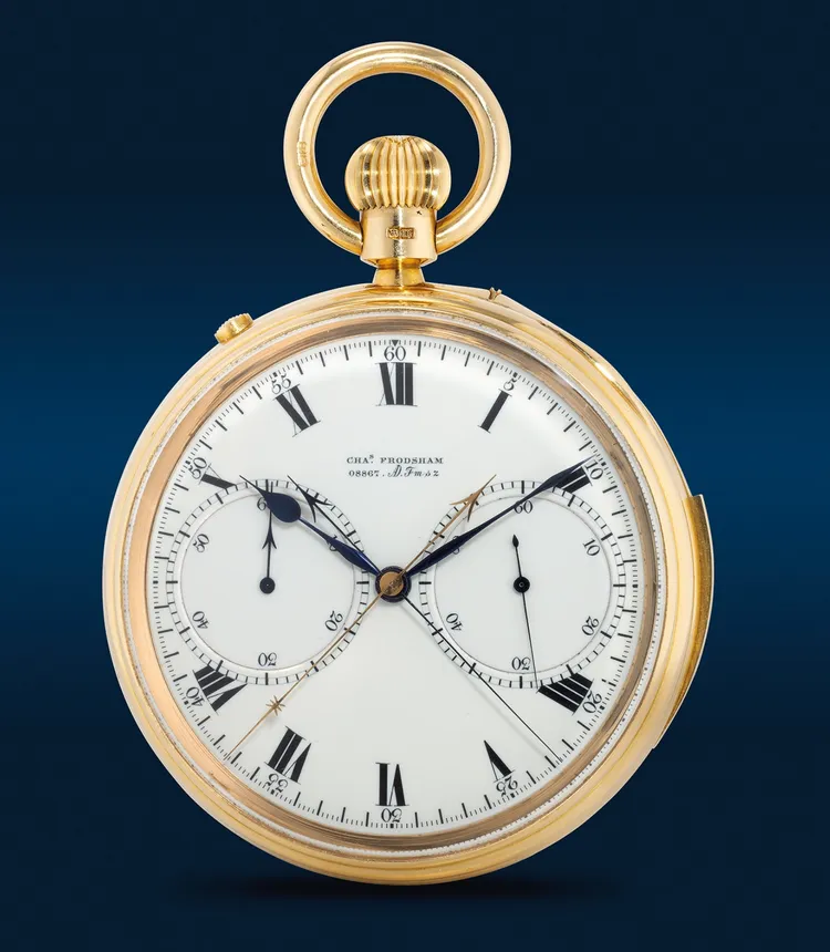 Charles Frodsham黃金三問追針計時懷錶，備一分鐘陀飛輪，估價約198萬至396萬元台幣。富藝斯提供