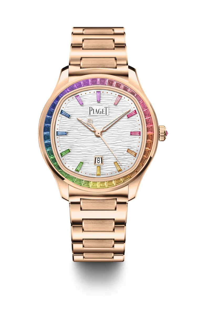 Polo系列18K玫瑰金宮廷式雕刻式紋面盤彩色寶石自動上鍊腕錶，433萬元。品牌提供