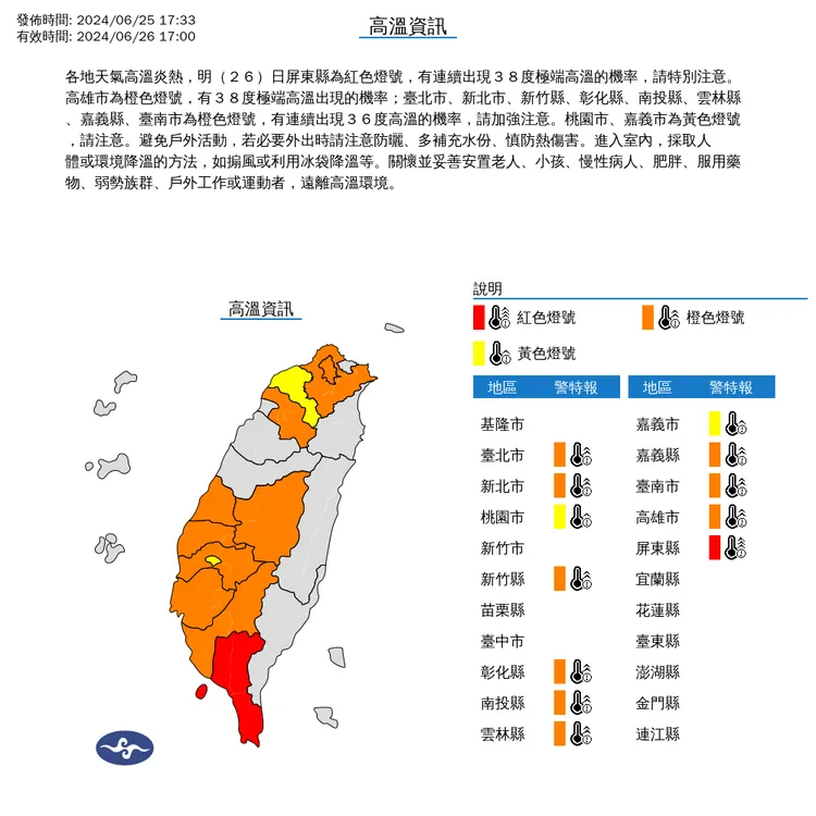 明天（26日）9縣市橙色燈號，屏東縣則為紅色燈號。氣象署提供