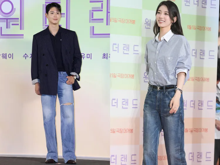 朴寶劍（左圖）身著CELINE條紋羊毛羊絨混紡寬鬆版型外套11萬5000元、精細棉質TRIOMPHE POLO衫3萬6000元；秀智（右圖）身著條紋棉質襯衫4萬3000元、SERGE DARK UNION水洗色喇叭牛仔褲3萬8500元。品牌提供