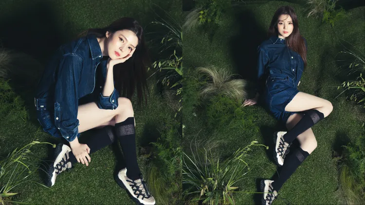 韓素希穿著丹寧套裝曬出白皙美腿。品牌提供