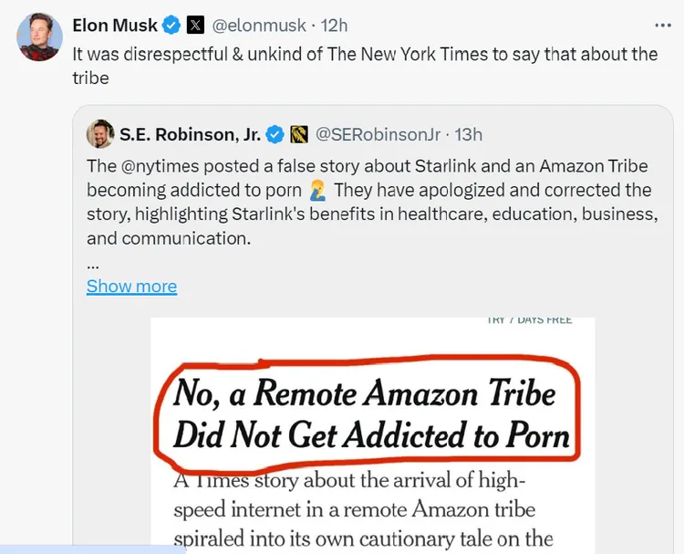 馬斯克痛批，「紐約時報對部落的報導是不尊重、不友善的」。翻攝X@elonmusk