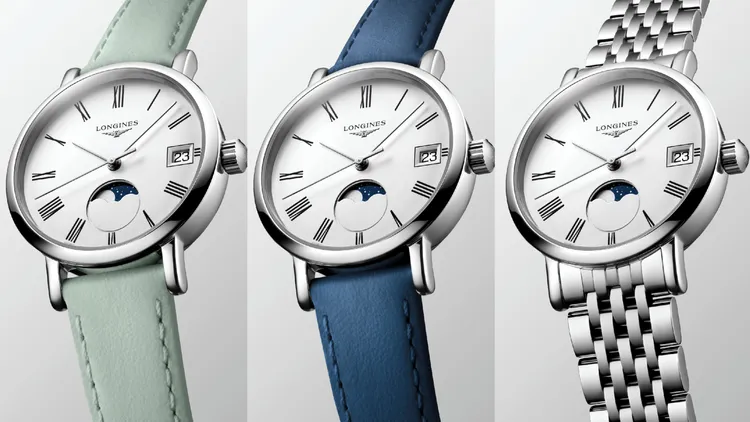 浪琴Elegant優雅系列月相腕錶，30mm，不鏽鋼錶殼，啞光白色錶盤，皮革錶帶/不鏽鋼錶鍊，L296 石英機芯，防水深度30米，4萬3100元。品牌提供