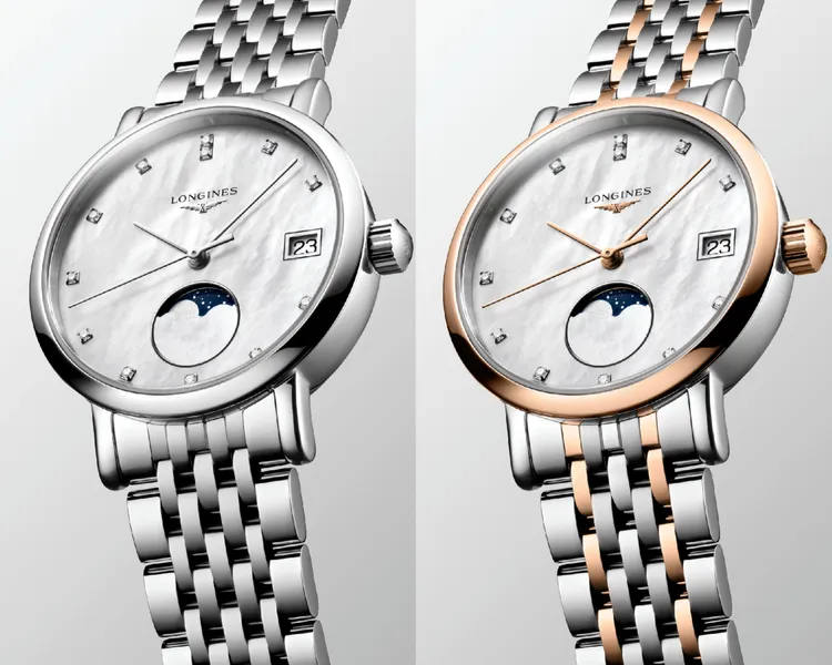 浪琴Elegant優雅系列月相腕錶，30mm，不鏽鋼錶殼/不鏽鋼與鍍5N18K玫瑰金錶殼，白色珍珠母貝錶面，不鏽鋼錶鍊/雙材質錶練，L296石英機芯，防水深度30米，5萬7600元/8萬4500元。品牌提供