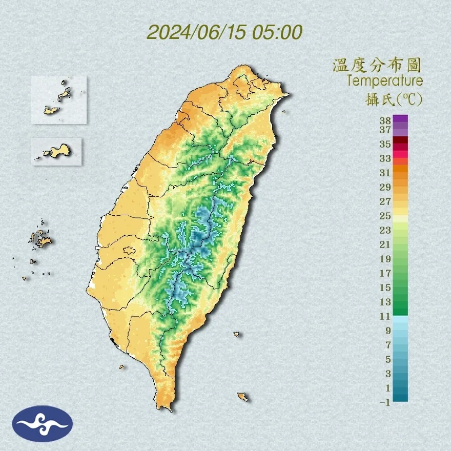 各地高溫約32至35℃,其中花東及大臺北地區有局部36℃以上高溫發生的機率。氣象署提供