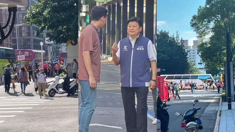 藍鷹遊覽車造成立法院周圍大堵塞，傅崐萁甚至還親自下場檢查椅子。翻攝郭國文臉書