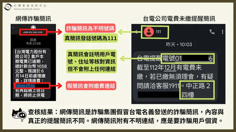 真、假電費未繳簡訊比對圖。台灣事實查核中心提供