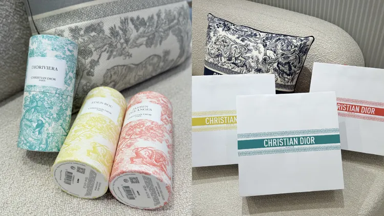 Dior香氛世家限量夏日度假系列限量外盒，以及購買2件香氛世家單品滿5000元可享有的禮盒包裝。張家玲攝