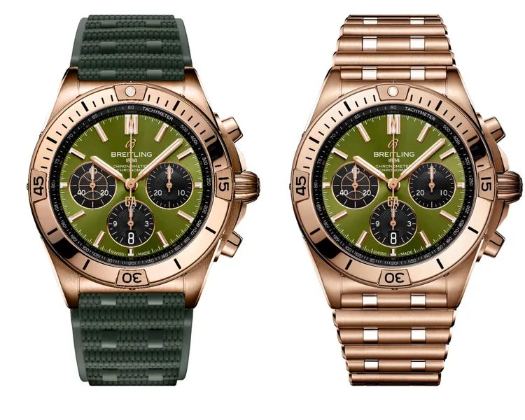 百年靈Chronomat B01機械計時腕錶，42mm，18K紅金錶殼，綠色錶面，綠色Rouleaux橡膠錶帶/18K紅金Rouleaux錶鍊，限量250只，橡膠錶帶款73萬7000元、18K紅金鍊帶款129萬2000元。品牌提供
