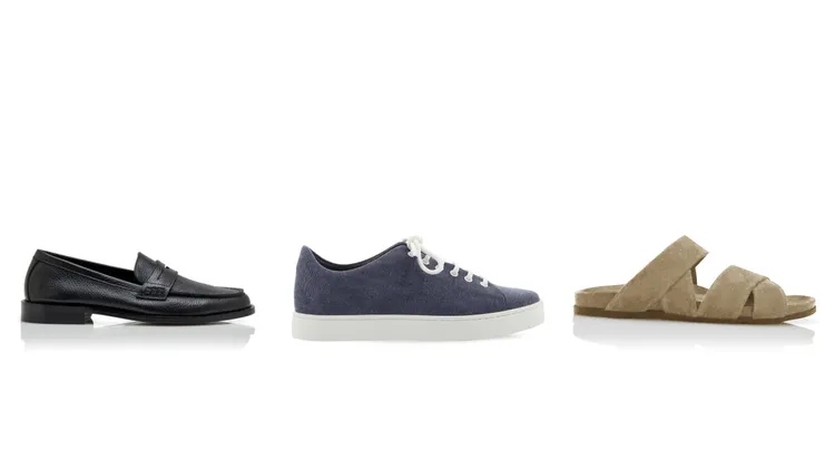 小牛皮樂福鞋（左起）3萬5800元、休閒低筒運動鞋2萬5800元、絨面革涼鞋2萬5800元。品牌提供