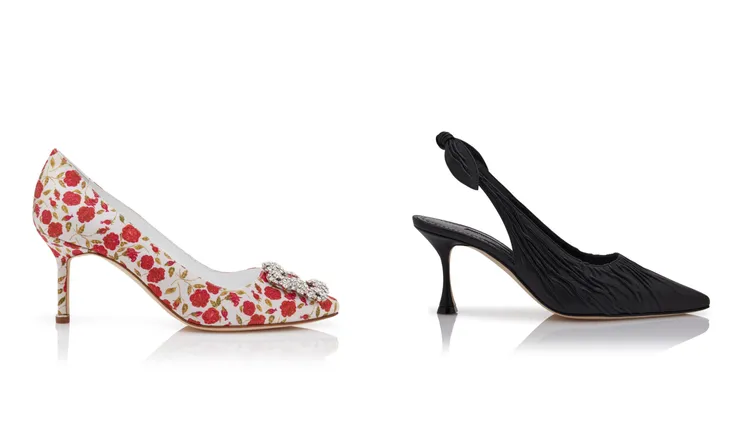 玫瑰印花HANGISI（左）5萬1800元、納帕皮革高跟鞋4萬2800元。品牌提供