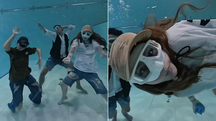 梁云菲水下16蹲完成後與同伴搞笑互動。翻攝自梁云菲IG