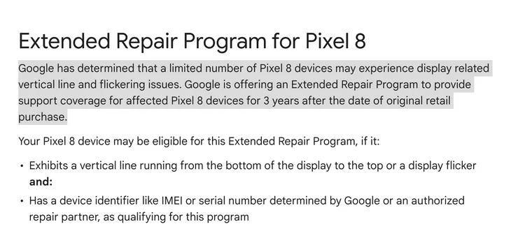 Google日前宣布為螢幕受影響的Pixel 8延長保固期限至3年。翻攝Google Phone Help。