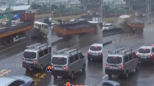 8秒彈跳迴旋驚悚片!砂石車急速失控 猛騎分隔島「大跳舞龍舞獅」